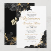 Elegant Black Gold Roos Floral Quinceanera Kaart (Voorkant / Achterkant)