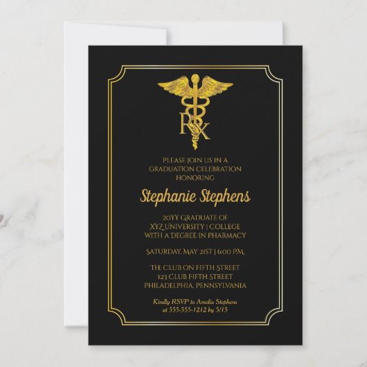 Elegant Black | Gold Rx Pharmacy Graduy Party Kaart (Voorkant)