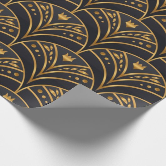 Elegant Black Gold Scallop Pattern Art Deco Cadeaupapier (Hoek)