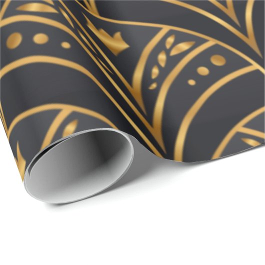 Elegant Black Gold Scallop Pattern Art Deco Cadeaupapier (Rol Hoek)