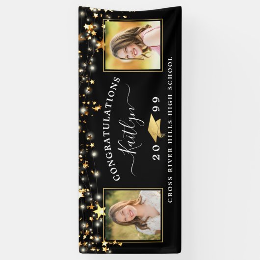 Elegant Black Gold Script 2 Photo-Afstuderen Spandoek (Verticaal)