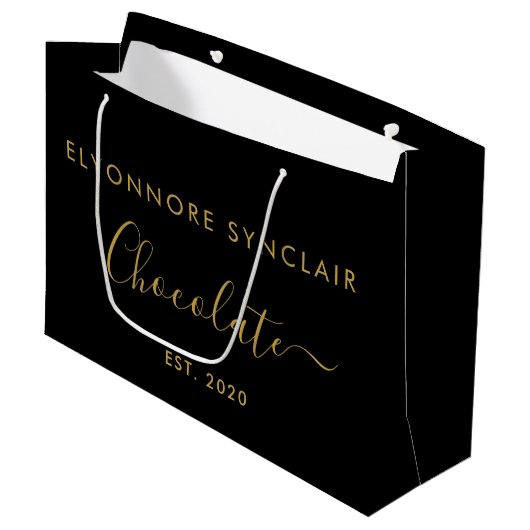 Elegant Black Gold Script Chocolate Groot Cadeauzakje (Voorkant Gekanteld)