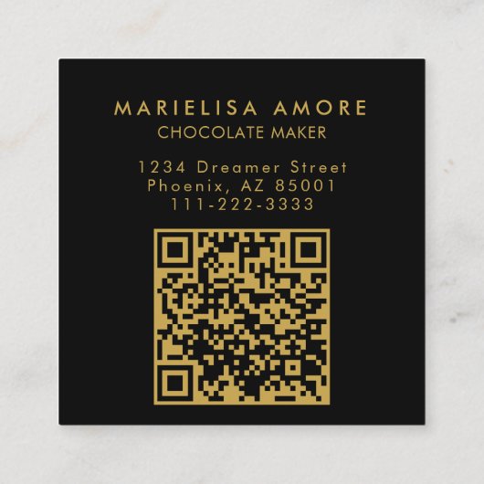 Elegant Black Gold Script Chocolate Qr Code Vierkante Visitekaartje (Achterkant)