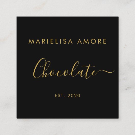 Elegant Black Gold Script Chocolate Qr Code Vierkante Visitekaartje (Voorkant)
