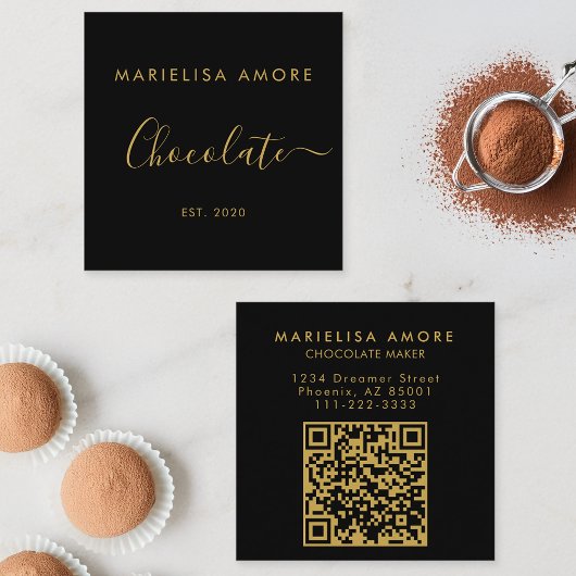 Elegant Black Gold Script Chocolate Qr Code Vierkante Visitekaartje