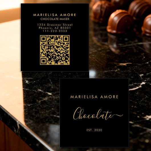 Elegant Black Gold Script Chocolate Qr Code Vierkante Visitekaartje