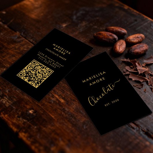 Elegant Black Gold Script Chocolate Qr Code Visitekaartje