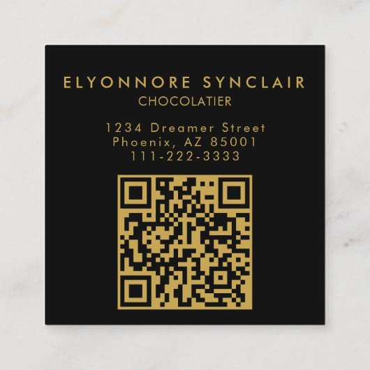 Elegant Black Gold Script Chocolatier Photo QrCode Vierkante Visitekaartje (Achterkant)