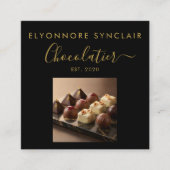 Elegant Black Gold Script Chocolatier Photo QrCode Vierkante Visitekaartje (Voorkant)