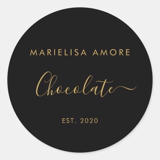 Elegant Black Gold Script Chocolatier Qr Code Ronde Sticker (Voorkant)