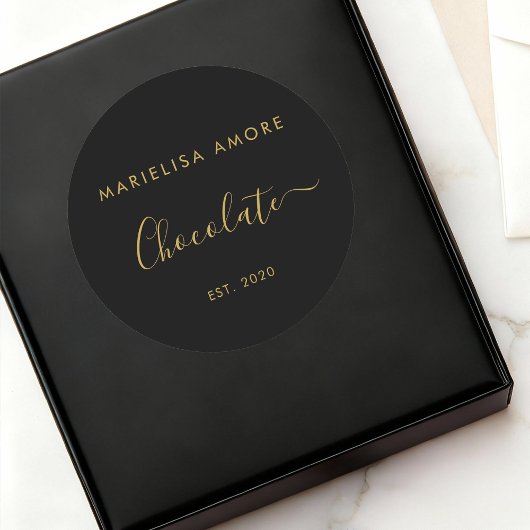 Elegant Black Gold Script Chocolatier Qr Code Ronde Sticker