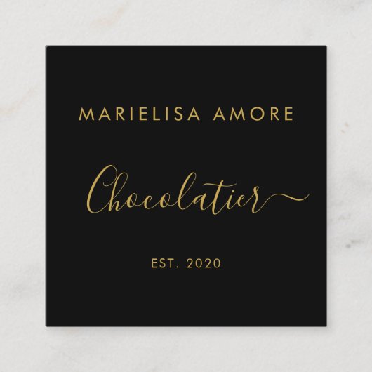 Elegant Black Gold Script Chocolatier Qr Code Vierkante Visitekaartje (Voorkant)