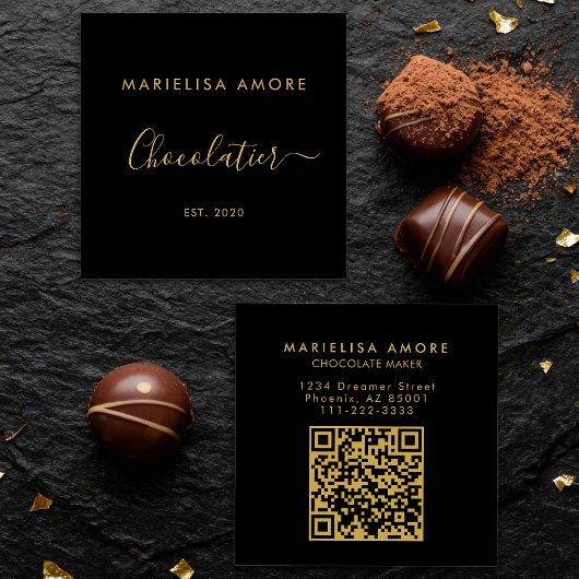 Elegant Black Gold Script Chocolatier Qr Code Vierkante Visitekaartje