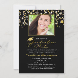 Elegant Black Gold Script Confetti Afstuderen Invi Kaart