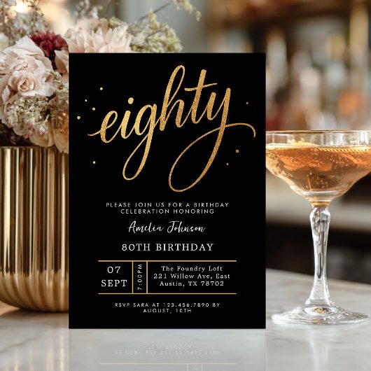 Elegant Black & Gold Script Eighty 80th Birthday Kaart