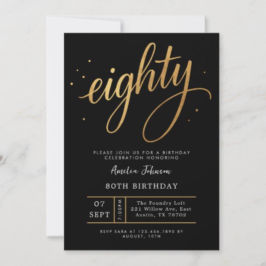 Elegant Black & Gold Script Eighty 80th Birthday Kaart (Voorkant)
