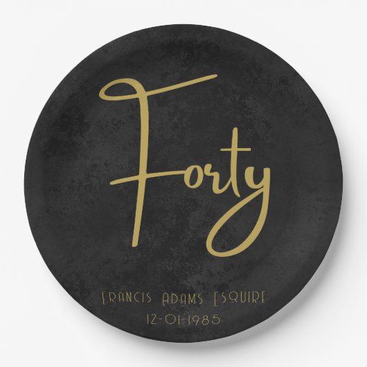 Elegant Black & Gold Script Forty Modern Birthday Papieren Bordje (Voorkant)