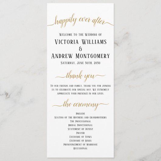 Elegant Black Gold Script Minimal Wedding Ceremony Programmakaart (Voorkant)