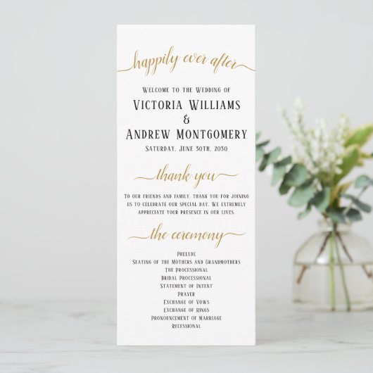 Elegant Black Gold Script Minimal Wedding Ceremony Programmakaart (Staand voorkant)