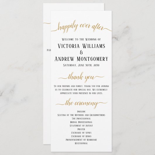 Elegant Black Gold Script Minimal Wedding Ceremony Programmakaart (Voorkant / Achterkant)