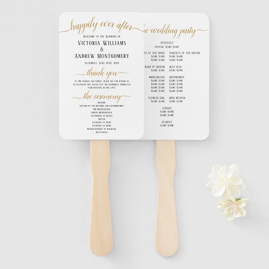 Elegant Black Gold Script Minimal Wedding Program Handwaaier (Voorkant en achterkant)