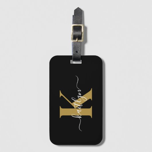 Elegant Black Gold Script Monogram Bagagelabel (Voorkant (verticaal))