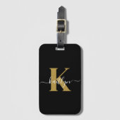 Elegant Black Gold Script Monogram Bagagelabel (Voorkant (verticaal))