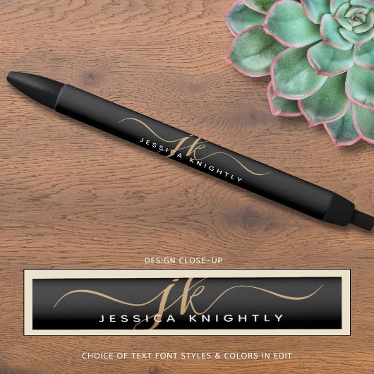 Elegant Black Gold Script Monogram Initiaal Naam Zwarte Inkt Pen