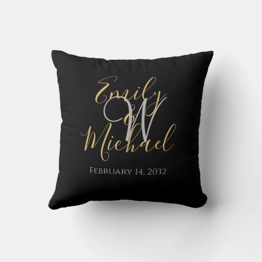 Elegant Black Gold Script Monogram Initiaal Wedden Kussen (Achterkant)