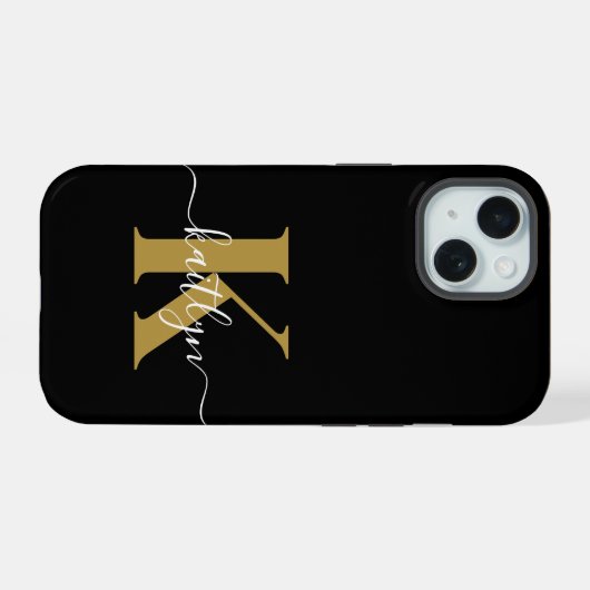 Elegant Black Gold Script Monogram iPhone 15 Case (Achterkant horizontaal)