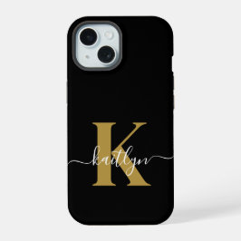 Elegant Black Gold Script Monogram iPhone 15 Case