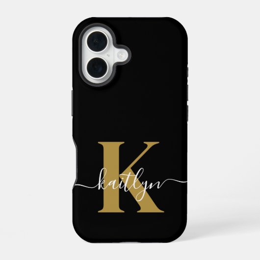 Elegant Black Gold Script Monogram iPhone 16 Hoesje (Achterkant)