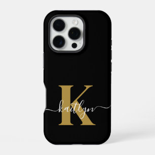 Elegant Black Gold Script Monogram iPhone 16 Pro Hoesje