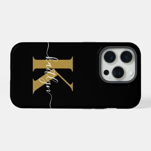 Elegant Black Gold Script Monogram iPhone Hoesje (Achterkant horizontaal)
