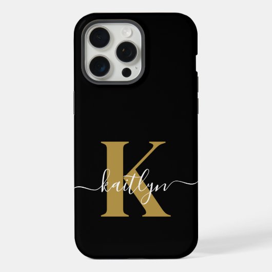 Elegant Black Gold Script Monogram iPhone Hoesje (Achterkant)