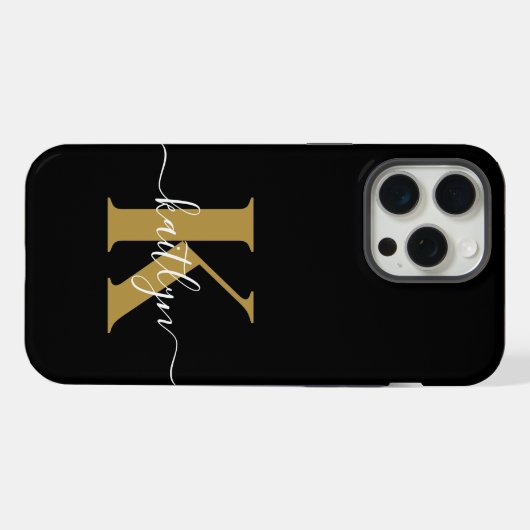 Elegant Black Gold Script Monogram iPhone Hoesje (Achterkant horizontaal)