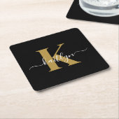 Elegant Black Gold Script Monogram Kartonnen Onderzetters (Schuin)