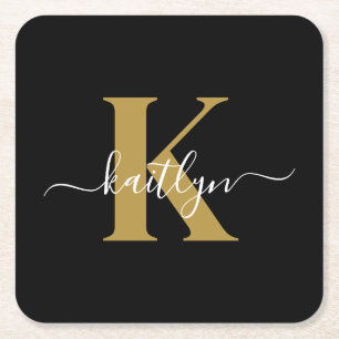 Elegant Black Gold Script Monogram Kartonnen Onderzetters