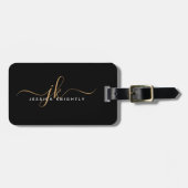 Elegant Black Gold Script Monogram Name Simple Bagagelabel (Voorkant horizontaal)