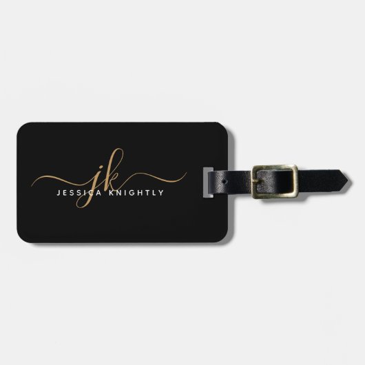 Elegant Black Gold Script Monogram Name Simple Bagagelabel (Voorkant horizontaal)