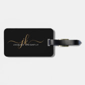 Elegant Black Gold Script Monogram Name Simple Bagagelabel (Achterkant horizontaal)