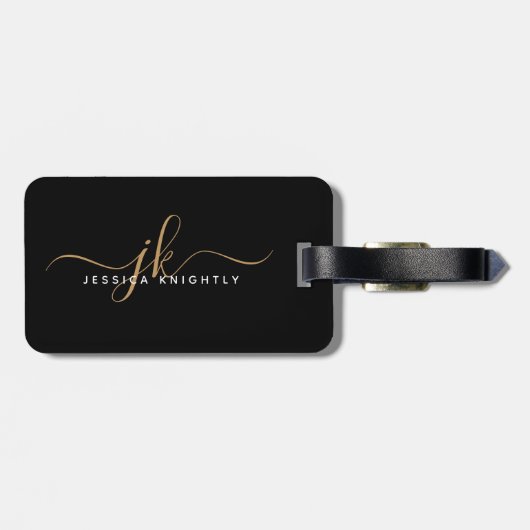 Elegant Black Gold Script Monogram Name Simple Bagagelabel (Achterkant horizontaal)