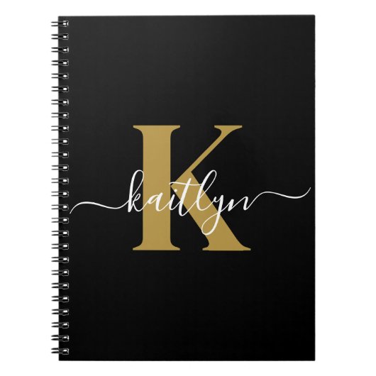 Elegant Black Gold Script Monogram Notitieboek (Voorkant)