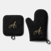 Elegant Black Gold Script Monogram Ovenwant & Pannenlap Set (Voorkant)
