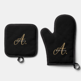Elegant Black Gold Script Monogram Ovenwant & Pannenlap Set