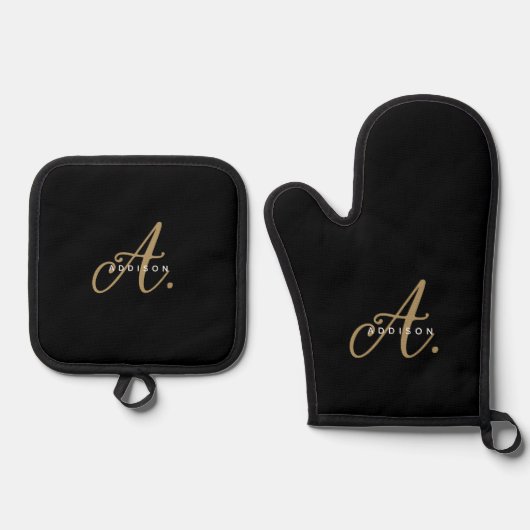 Elegant Black Gold Script Monogram Ovenwant & Pannenlap Set (Voorkant)