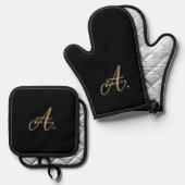 Elegant Black Gold Script Monogram Ovenwant & Pannenlap Set (Voorkant / Achterkant)