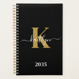 Elegant Black Gold Script Monogram Planner