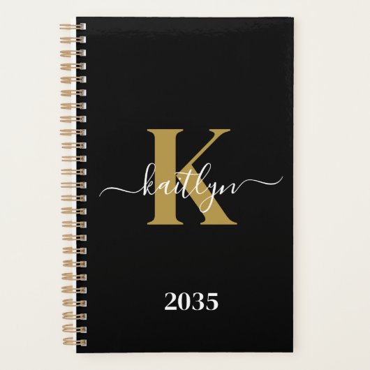 Elegant Black Gold Script Monogram Planner (Voorkant)