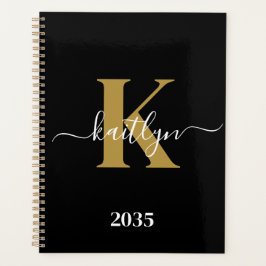 Elegant Black Gold Script Monogram Planner